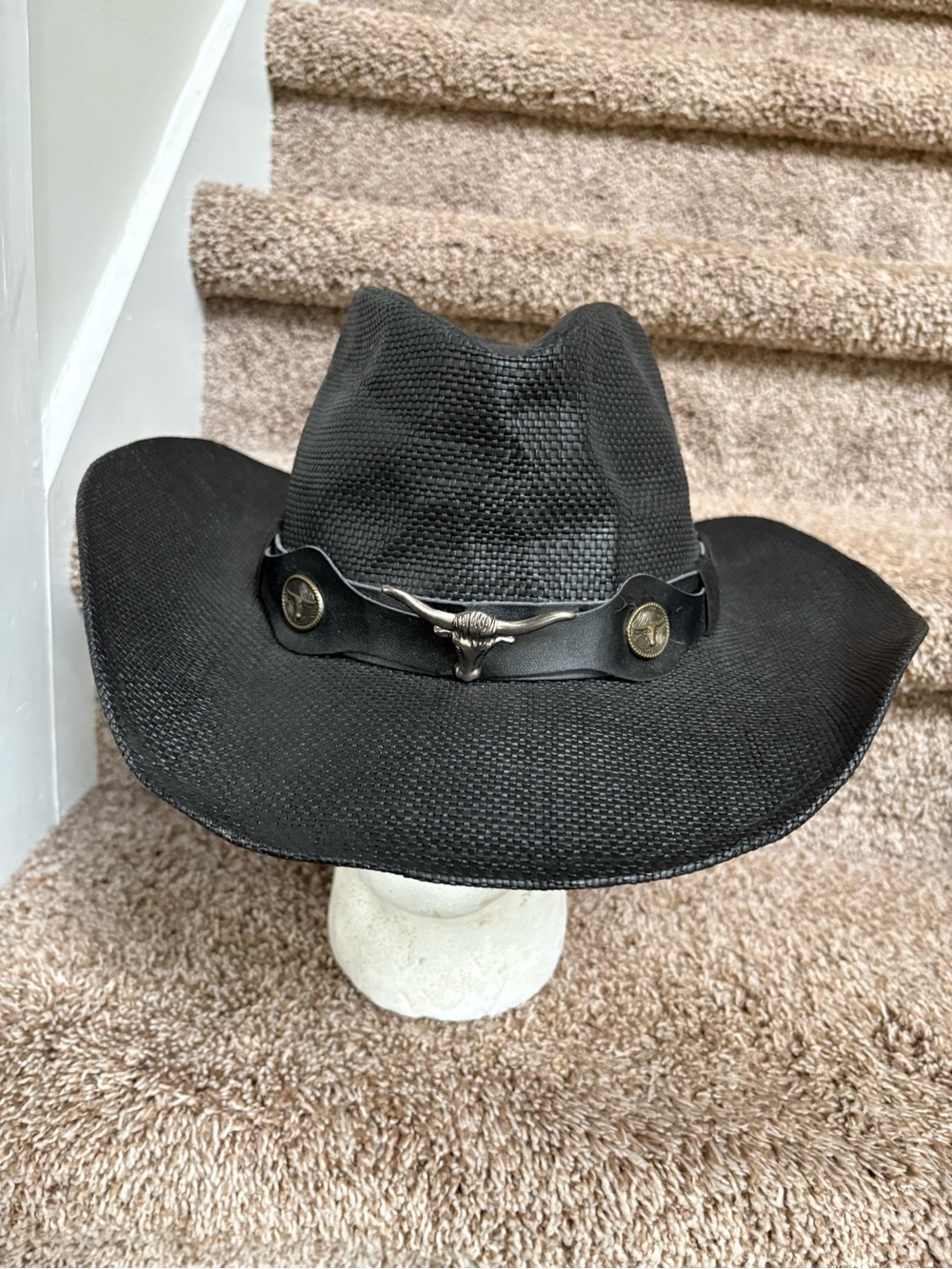 Milani Men’s Black Western Cowboy Straw Hat with Metal Longhorn Accent